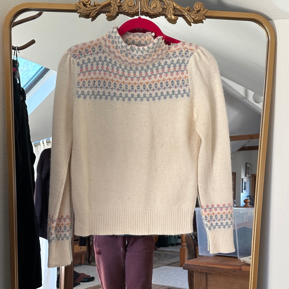 Vintage Cream and Blue Patterned mock neck Sweater